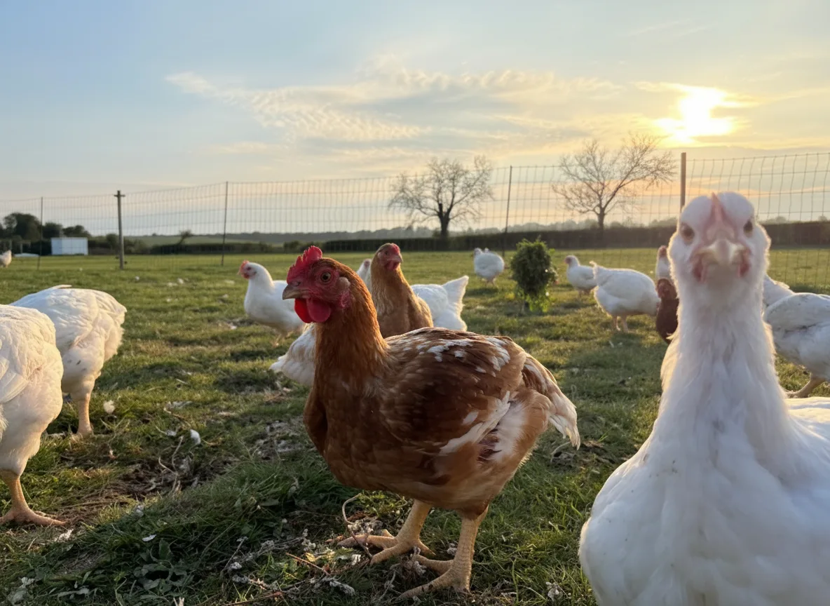Chickens on pasture at sunset